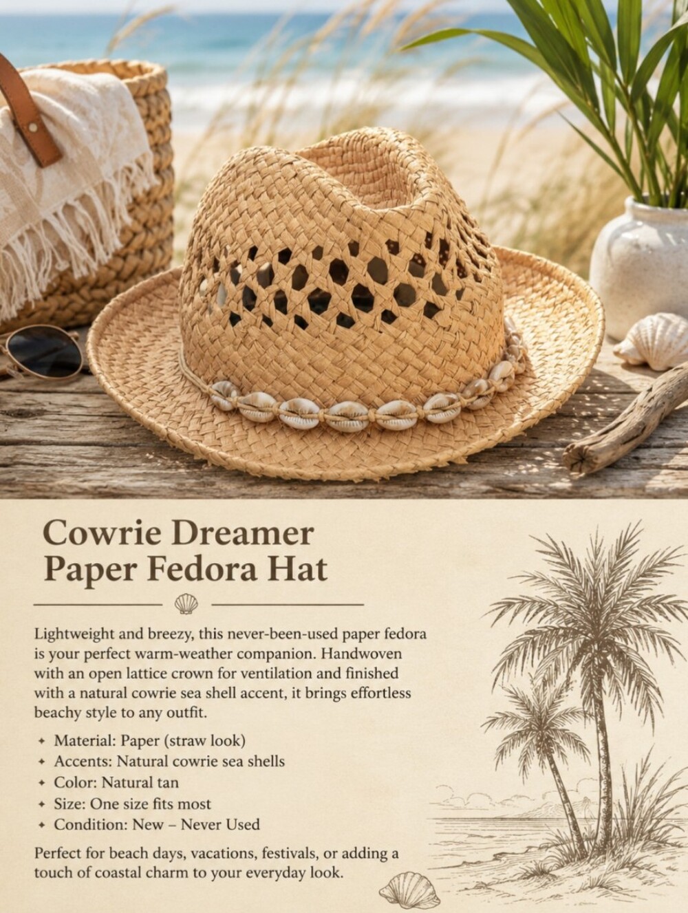 🌴 Paper Straw Hat with Cowrie Shell Band | Never Worn | Coastal Boho Style